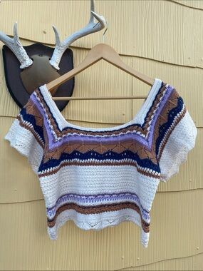 POL Crochet Square-Neck Crop Top in Cream, Blue, Brown, Lavender